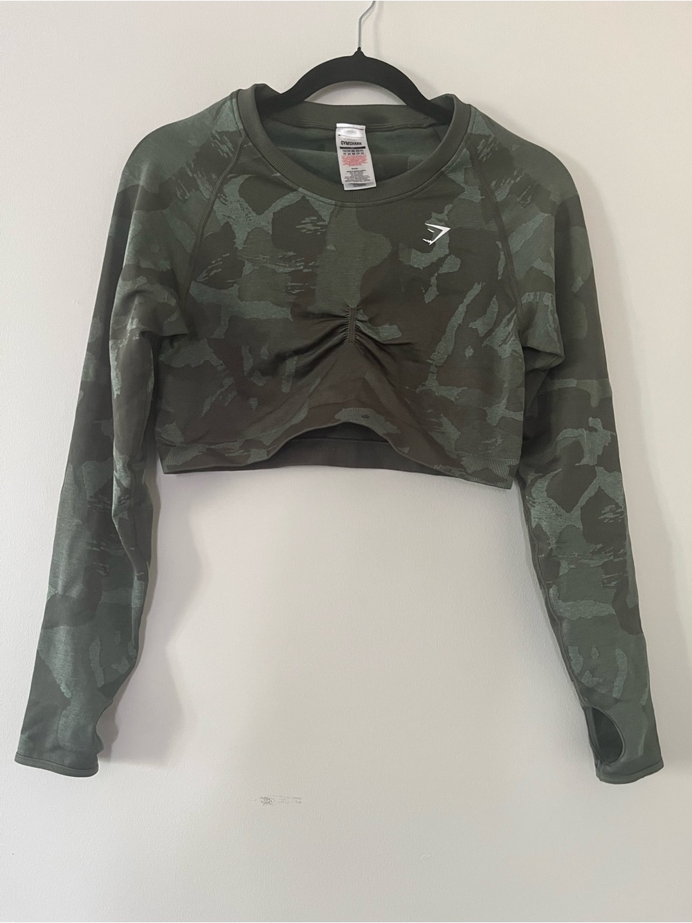 Gymshark Green Camo Ruched Crop Top XL Long Sleeve Seamless Workout Loungewear